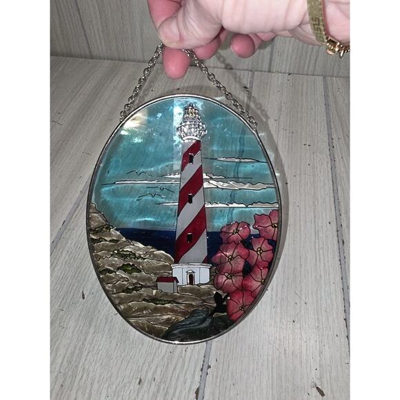 Vtg Amia Denver Co. Hand Painted Light House Stained Glass Art Beach Nautical - Picture 1 of 5